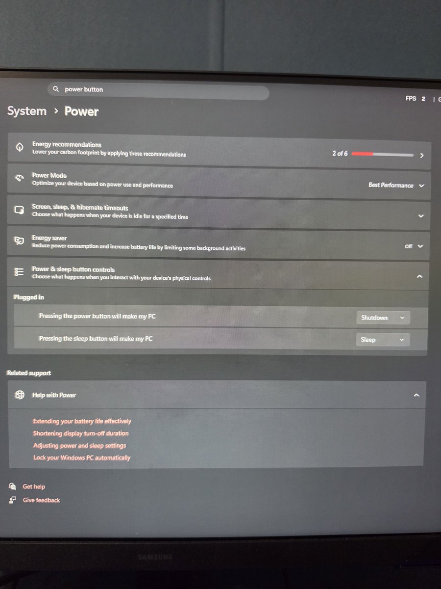 FelicitousBread's tweet photo. @bl284cl377 If its windows you can use setting to disable power key press after turn on type "power button" in settings https://t.co/RqGAMFn14X