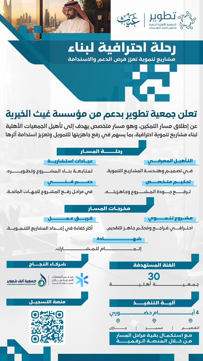 tatweerorg's tweet photo. إيمانًا بأهمية تمكين #الجمعيات_الأهلية من تصميم مشاريع تنموية احترافية، قادرة على جذب الدعم وتحقيق الاستدامة. 
تعلن #جمعية_تطوير، بدعم كريم من #مؤسسة_غيث_الخيرية، عن إطلاق مسار التمكين، أحد مسارات مشروع #مسرعة_الاستدامة_المالية للجمعيات الأهلية.

ويقدّم المسار رحلة تطويرية متكاملة تجمع بين التأهيل المعرفي، والعيادات الاستشارية، والتحكيم المتخصص، والدعم الفني؛ لمساعدة الجمعيات على تطوير مشاريعها ورفع جاهزيتها للتمويل، بما يعزز استدامة أثرها.

للتسجيل عبر المنصة:
🔗 [https://t.co/2GxgP5x0eC]

شركاء النجاح: @ngosjaz 
@OfuqOrg 

#جمعية_تطوير
#القطاع_غير_الربحي