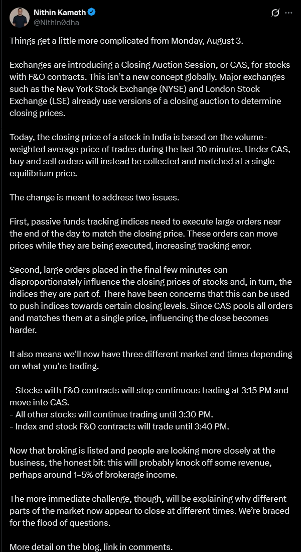 RakJhun's tweet photo. Nithin Kamath says brokers will take a big hit &amp; lose 1–5% of brokerage income because of CAS. Presumably, CAS will disrupt high-volume intraday &amp; automated trading strategies. If the F&amp;O volumes are reduced, brokers will have no option but to charge brokerage on equity delivery. https://t.co/GCmjPf2fHm