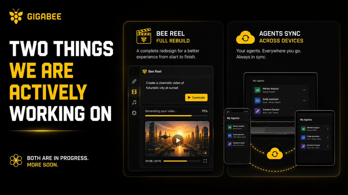 Gigabee_'s tweet photo. Two things we are actively working on

Bee Reel is getting a full rebuild. The current video generation flow works but feels unfinished placeholder screens, rough transitions, and a flow that does not match the quality of the rest of the product. We are reworking it from the ground up: cleaner composer, better progress feedback, and a result screen that actually does the video justice. Bee Reel is one of the most unique things on Gigabee and it deserves a first-class experience.

Agents will sync across your devices. Right now your custom agents are stored only in your browser. Switch devices, clear your cache, or open a new browser and they are gone. We are moving agent storage to your account so your agents follow you everywhere same setup, same instructions, same tools, no matter where you log in.

Both are in progress. More soon. solana:7NcMKMrXPBVCWPcs9SSqnF6ZGy5neAtzTZpFqZqLquaP