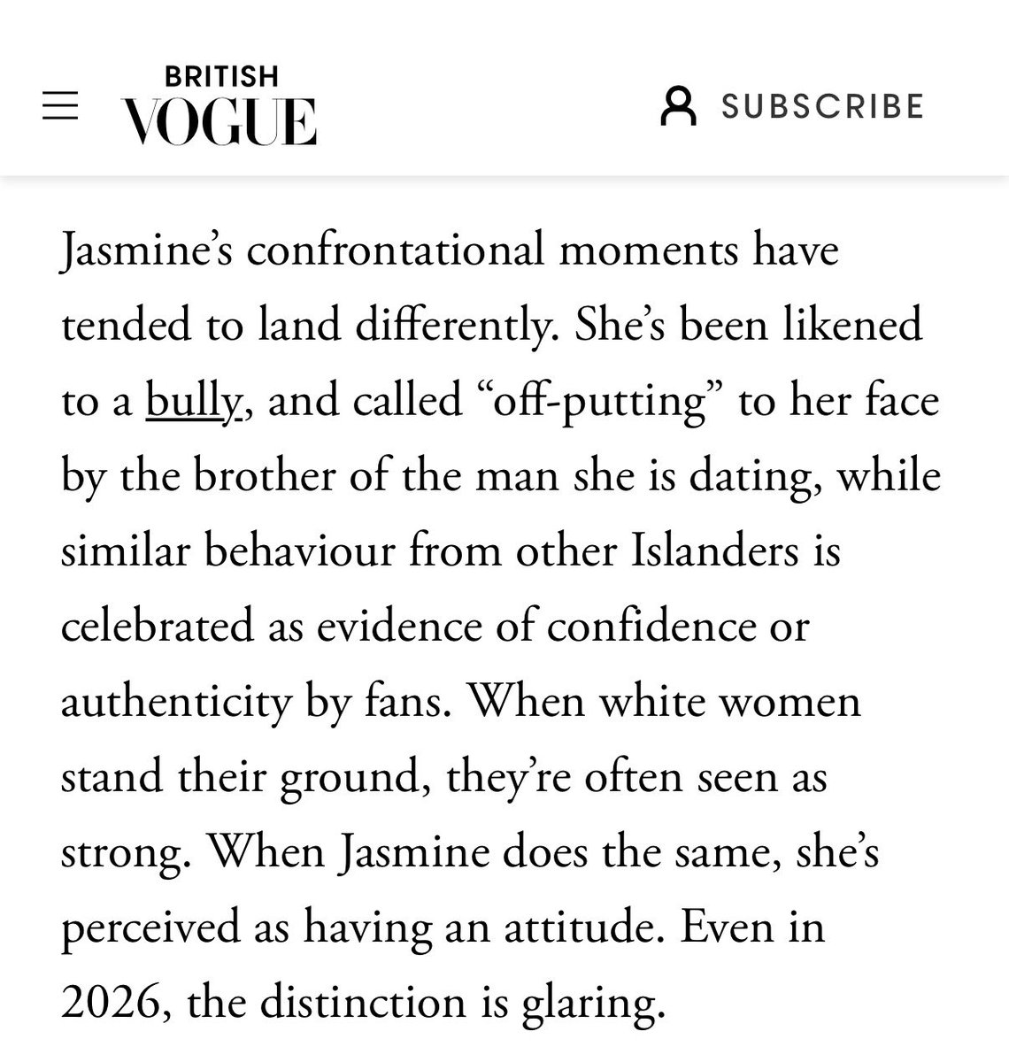 welligavein's tweet photo. british vogue saying what we’ve been saying all season. uk audience really need to take their racist glasses off. jasmine has had to face the brunt of it unfortunately.
#loveisland #loveislanduk https://t.co/gQVPv1YhH8