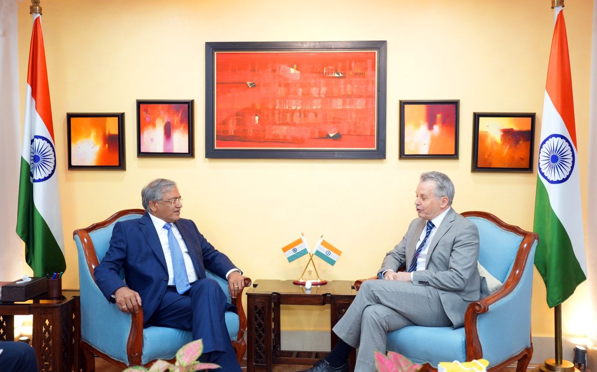 ECISVEEP's tweet photo. Chief Election Commissioner and Chairman of the Council of Member States of International IDEA, Shri Gyanesh Kumar, today met His Excellency Mr. Victor Hugo Echeverri Jaramillo, Ambassador of Colombia to India, at Nirvachan Sadan, New Delhi.

Building on the momentum generated at IICDEM 2026, both sides resolved to work closely together in taking forward the agenda outlined at the conference, reaffirming India’s position as a trusted partner in advancing democratic development in the region. The two sides also agreed to deepen cooperation in election management and the training of election staff.