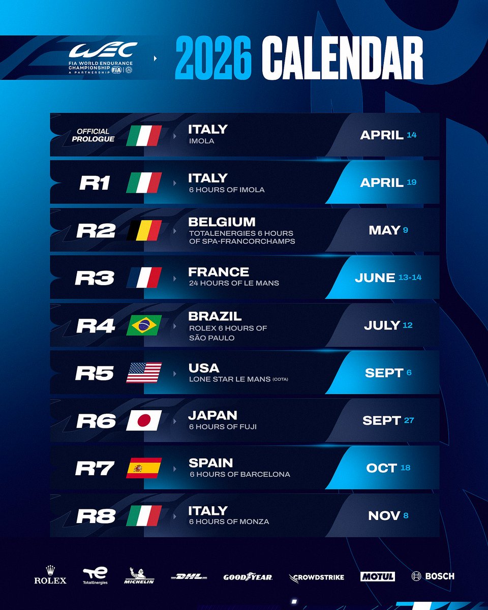 onlyendurance's tweet photo. 🗓️🔀 WEC CALENDAR SHUFFLE: Qatar and Bahrain replaced by Barcelona and Monza due to the on-going conflict in the Middle East.

🇪🇸 6H Barcelona - 18 October
🇮🇹 6H Monza - 8 November

#WEC | #6HBarcelona #6HMonza https://t.co/hKwIROZ64X