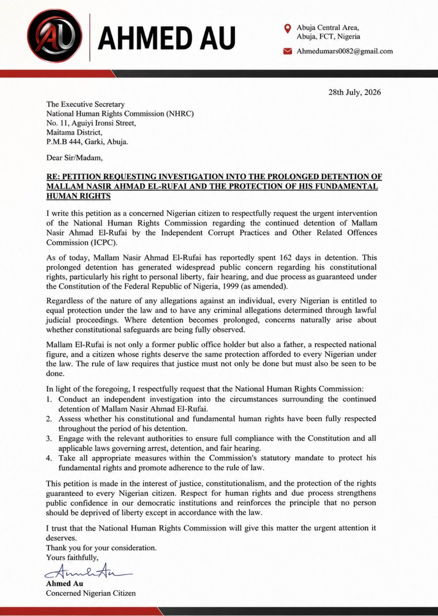 Ahmedumar___'s tweet photo. Today, I formally wrote a petition addressed to the National Human Rights Commission of Nigeria regarding the continued detention of Mallam Nasir Ahmad @elrufai.

As a concerned Nigerian citizen, I believe every individual is entitled to the protection of their fundamental human rights, due process, and a fair legal process under the Constitution.

This petition calls for an independent review of the circumstances surrounding his detention and urges the relevant authorities to uphold the rule of law and ensure that justice is served.

Justice must always prevail.

— Ahmed Au