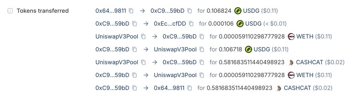 salveboccaccio's tweet photo. Going to address some posts I am seeing on the timeline

What you see below is a $10 USDG buy on https://t.co/GfT48aIfeD to check whether our integration of Varo tokens worked on Rialto.

The events of yesterday:
- We tested the site on staging (https://t.co/UzyyChXECO), but did not realise our domains were being tracked. At this stage, we were testing the product out, making sure it was ready for launch.
- People found the site and launched 8-10 tokens over a short period of time. After we realized, we immediately took down the site. We were originally going to deploy a fresh contract, however, deploying a new one would have wiped out the money people put in, so we kept the existing contract.
- Initially the site used Uniswap, but our goal was to integrate the Rialto router for swapping to enable any input token and into any output token.
- To do this, we had to whitelist Varo tokens on the Rialto router. Following integration, I bought $10 of PLTS to test to make sure the Rialto router integration was working before we went live.
- Since the staging site was leaked, we worked overtime to get the site out the same day and restore trading for anyone who had purchased tokens during the short period of time the staging site had leaked.

I’ve attached screenshots from that same wallet of buys/sells executed for various other tokens, before we integrated tokens of that type into the router. These include Uni v4 tokens (which we just launched support for yesterday) and CASHCAT etc. when we launched trading for all Uni v3 tokens.

We are a doxxed team and we spent nearly a year building @rialto_xyz. Our goal is to build the best trading suite onchain for the EVM: aggregator, propAMM, launchpad, and more to come.