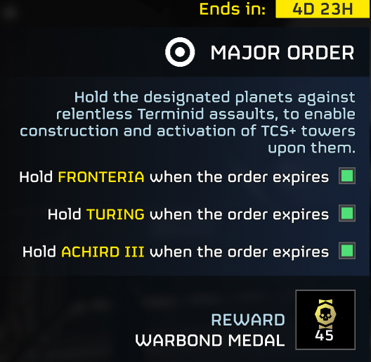 helldivers2's tweet photo. MAJOR ORDER: The TCS+, an interplanetary network of towers that disperse Termicide 2.0, was half-completed thanks to the aid of the Helldivers. The active towers on that planet have worked perfectly, despite a small number of dissident-planted outbreaks.  

The time has now come to extend the barrier to fully pen in the Terminid Swarm. TCS+ Towers have been constructed on the following planets: FRONTERIA, TURING, and ACHIRD III. The construction has triggered instinctive assaults from the Terminids.

The Helldivers are ordered to defend these planets and activate the TCS+ towers in the process.