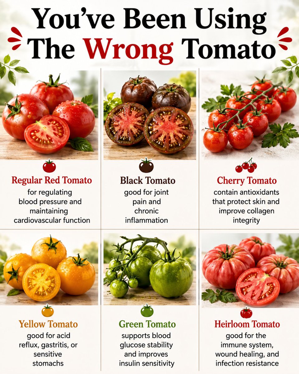 BarbaraOneillAU's tweet photo. 🍅 1. Roma Tomato
Benefit: Supports heart health
Roma tomatoes are rich in potassium and folate, both essential for regulating blood pressure and maintaining cardiovascular function. They also have a denser flesh with fewer seeds, making them ideal for sauces and heart-healthy diets.

🍅 2. Cherry Tomato
Benefit: Boosts skin protection and elasticity
Cherry tomatoes are especially high in beta-carotene and lycopene, antioxidants that protect skin from UV damage and improve collagen integrity.

🍅 3. Yellow Tomato
Benefit: Soothes digestive issues
With lower acidity than red varieties, yellow tomatoes are gentler on the digestive tract and may help people with acid reflux, gastritis, or sensitive stomachs.

🍅 4. Green Tomato (unripe)
Benefit: Aids blood sugar regulation
Green tomatoes are a good source of tomatine, a compound shown to support blood glucose stability and potentially improve insulin sensitivity.

🍅 5. Black Krim (Heirloom)
Benefit: Fights inflammation
This dark heirloom tomato is rich in anthocyanins, plant compounds that have strong anti-inflammatory properties and may help reduce joint pain and chronic inflammation.

🍅 6. Brandywine Tomato
Benefit: Enhances immune response
Brandywine tomatoes contain high levels of vitamin C and zinc, both essential for immune system activation, wound healing, and infection resistance.