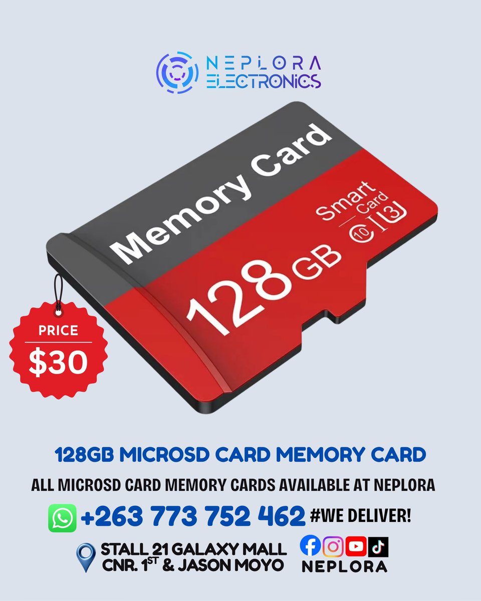 neplora's tweet photo. 💾📱⚡ 128GB MicroSD Card Memory Card in Harare, Zimbabwe available at Neplora. Call/WhatsApp📲: +263 773 752 462 to order. #WeDeliver!
📍 We are located in Harare CBD
Visit Stall 21 Galaxy Mall Ground Floor
Corner First Street, and Jason Moyo Ave https://t.co/Aj06ClnLvv