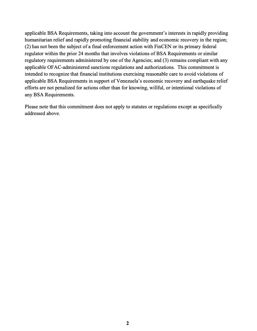 vrk_rick's tweet photo. Treasury just sent a clear message to U.S. banks: if you’re supporting authorized reconstruction and commercial activity under GL 57 and GL 60, and you’re acting in good faith with appropriate compliance, FinCEN isn’t looking to punish you under the Bank Secrecy Act.

Sanctions were only part of the problem. Banks refusing to touch Venezuela was the real choke point. Without financing, payment processing, and access to the U.S. financial system, licenses are just paper.

This doesn’t eliminate compliance requirements, nor should it. It gives financial institutions the confidence to support lawful business instead of defaulting to “no.”

Watch the banks. If they begin to move, private capital won’t be far behind.