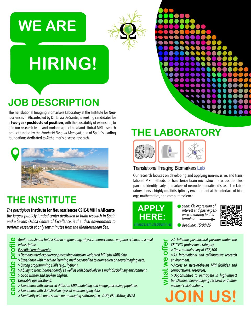 LabMri's tweet photo. 🚨 Postdoctoral researcher opening! 
Join our lab led by @si_de_santis at @NeuroAlc in sunny Alicante☀️We are looking for a postdoctoral researcher for a 2-year postdoc for clinical/preclinical MRI &amp; Alzheimer's research🔬
Into diffusion MRI &amp; machine learning? Get in touch!👇🏻 https://t.co/ZBDKylskh3