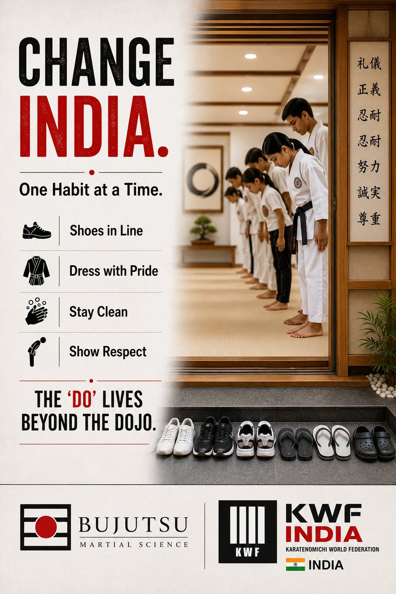 KWFINDIASACHIN's tweet photo. What if India's biggest challenge isn't a lack of laws—but a lack of habits?

Great nations are built through discipline, respect & civic sense. At KWF India–Bujutsu Martial Science, we develop character before combat.

Change India. One Habit at a Time.

#KarateDo #CivicSense #India