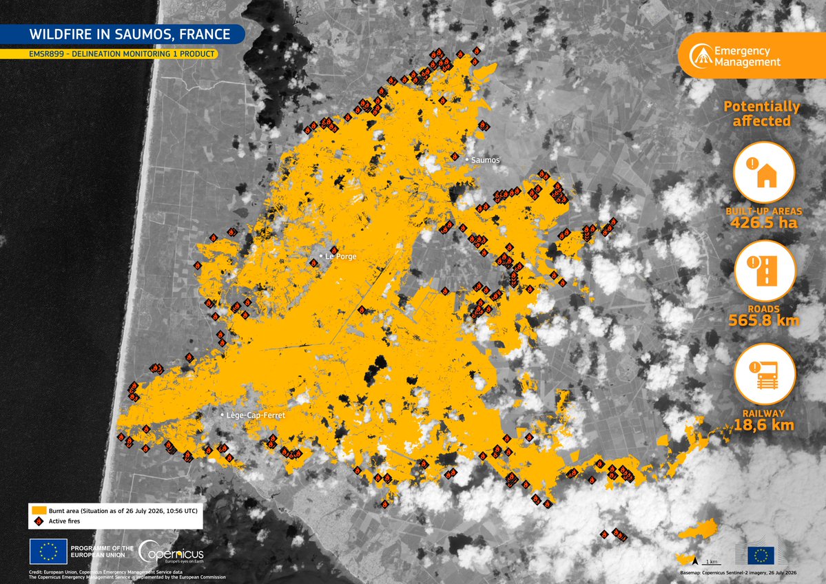 CopernicusEU's tweet photo. 🔥 Wildfires near Saumos and Biscarrosse 🇫🇷 have burned tens of thousands of hectares, prompting the evacuation of around 220K people.

🛰️ #CopernicusEU CEMS Rapid Mapping supports authorities by tracking active fire fronts.

🔗 https://t.co/JxT8yseRRy https://t.co/gSJRPEvNPH