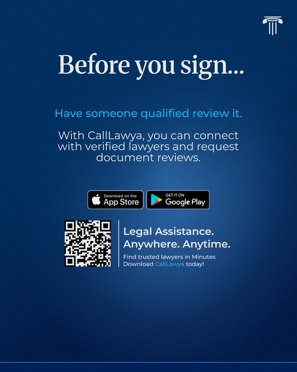 CallLawya_app's tweet photo. “I didn’t know it was in the agreement.”

Before you sign any important document:
Read it.
Ask questions.
Understand it.

A few minutes today can save months of stress later.

What’s the most important document you’ve signed?

#CallLawya #KnowYourRights #LegalTech #Nigeria https://t.co/3Qhxsublva