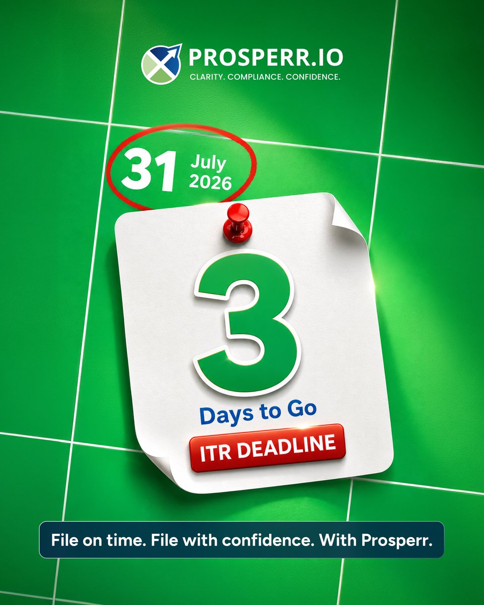 ProsperrOne's tweet photo. Just 3 days to go. ⏳

Don't wait until the last minute. File your ITR on time and avoid unnecessary stress.

Get year-round tax clarity with Prosperr: https://t.co/RPfoL6ot5n

#ITR2026 #IncomeTax #TaxPlanning #Prosperr https://t.co/RjKMqrXdLW