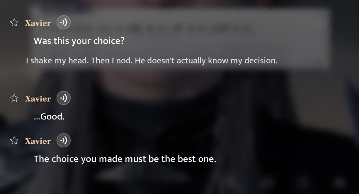 aeritzh's tweet photo. Exactly!! This is exactly why so many Xavier mains were frustrated😣 People kept speaking on Xavier's behalf:

"Xavier would've wanted this." "Xavier would've supported this." "Xavier wouldn't approve of his fans." "If you truly loved Xavier, you'd..."

Meanwhile, canon Xavier literally trusts MC to make her own choices instead of making her feel guilty for choosing differently😭

That's one of the biggest reasons I fell in love with his character in the first place.

He doesn't stop loving MC because she chooses differently. He doesn't manipulate her into sharing his beliefs. He doesn't weaponize guilt to change her mind. He simply asks if it's truly her choice. And once he knows it is, he trusts it!!

Respecting MC's autonomy isn't just something Xavier does, it's one of the core principles that defines his character.

So watching people use his name to guilt-trip real players especially his mains into making a specific choice, joining a specific movement, or treating disagreement as a moral failure just feels painfully out of character💔