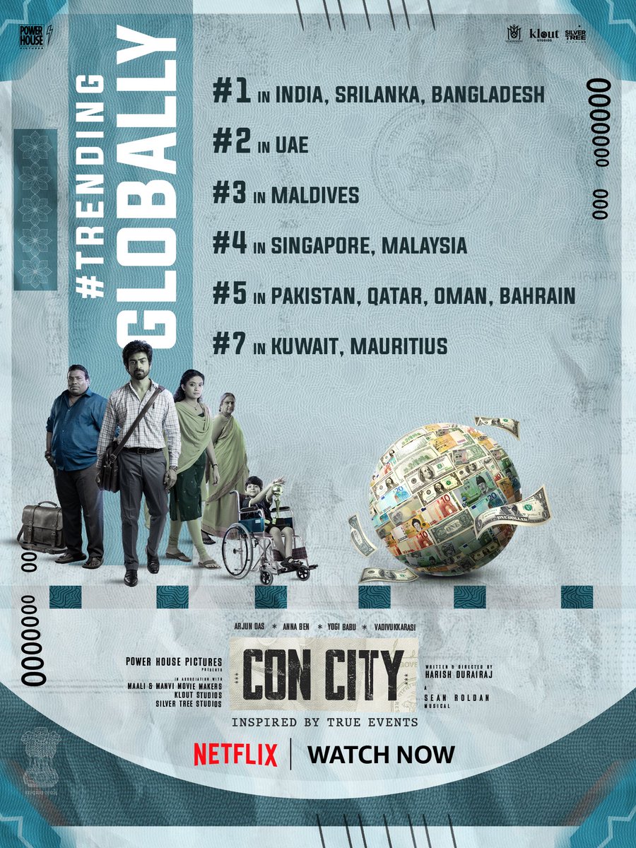 powerhousepic's tweet photo. #ConCity strikes it big on Netflix 💥
 
Trending globally across multiple countries worldwide!

A fun fest by @harish_durairaj, watch now.

A @RSeanRoldan musical. 

Starring @iam_arjundas @benanna_love @sakshivaidya99 @iYogiBabu #Vadivukkarasi #Akhilan. 

@powerhousepic in association with @Maaliandmaanvi @kloutstudios and
@SilverTreeOffl

@arunprajeethm @vijaymp29 @Netflix_INSouth @TSeries @tseriessouth @DeltaStudioIN @venkatavmedia @thespcinemas @DQsWayfarerFilm @vithurs_ @Udaykumar_mix @Soundvibestudio @ahimsafilms @sidhuwrites @proyuvraaj