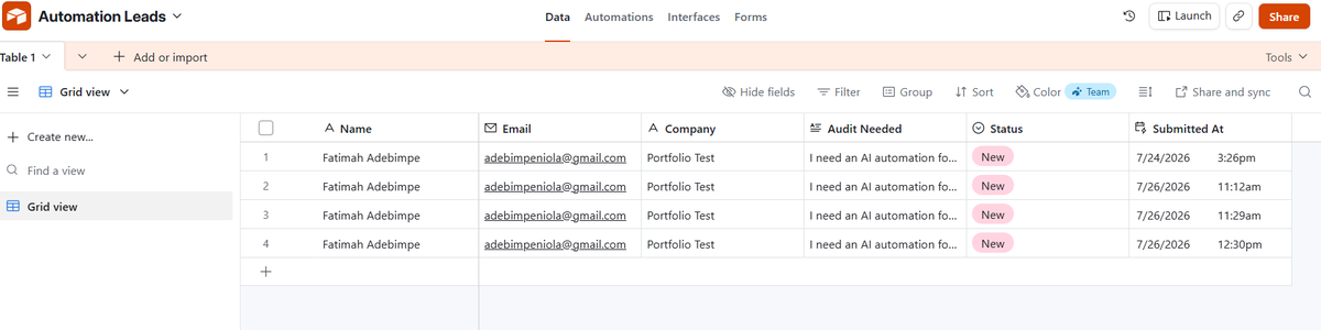Confudus's tweet photo. Most portfolio contact forms do one thing: send an email.
I wanted mine to do a lot more.
So last weekend, I turned my portfolio's contact form into a fully automated lead management workflow.

Now, when someone submits an enquiry through my website:
✅ Their request is instantly captured via a https://t.co/rrQaIhQC5f webhook.
✅ A new lead is created in Airtable with their contact information, project details, status, and submission timestamp.
✅ I receive a beautifully formatted email notification with everything I need to review the enquiry.
✅ The visitor immediately receives a personalized confirmation email, so they know their message was received and what to expect next.
No manual copying. No missed enquiries. No wondering if a message actually went through.

The best part? This isn't just another demo project - it's the system powering my portfolio today.

I'm excited to keep adding more real-world automation projects to my portfolio as I continue learning and building.

 🔗 Portfolio: https://t.co/DAWDxlHgBs