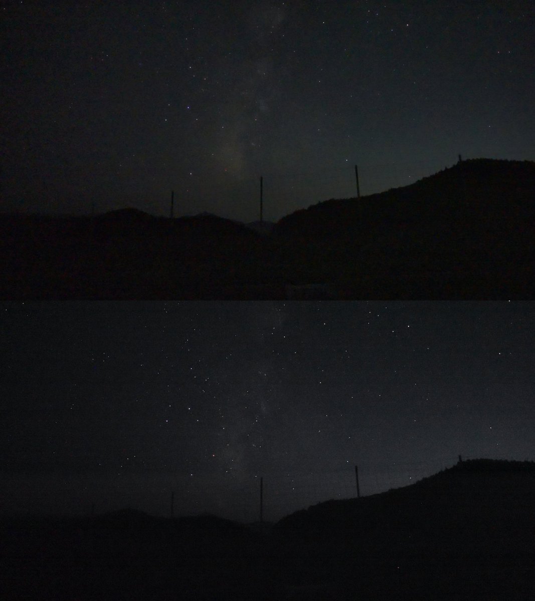 Pyth2727's tweet photo. a7S3 S-log3 SS1/25 F1.4で、ISO204800（上）、12800（下）で星空を撮影。それぞれ同じ明るさになるように編集ソフトで調整。2枚目はNeatVideo6でノイズ処理。

ノイズリダクションの影響か204800では、星の数が半分ほど減り、反面12800では色が出ず、横縞模様が発生。 https://t.co/QyLfTjs2gl