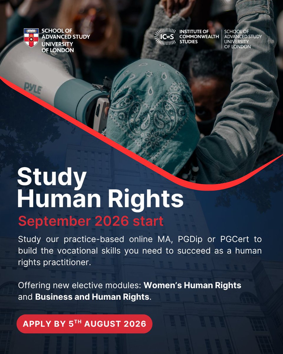 ICwS_SAS's tweet photo. 🌎 Study Human Rights from anywhere! 🌏

Applications are still open for the MA Human Rights by distance learning at the University of London!

DEADLINE NEXT WEEK! Apply by 5 August for a September 2026 start.

Join this online, practice-focused human rights MA to learn from, and with, human rights activists from around the world. Postgraduate Diploma and Postgraduate Certificate also available. Study from anywhere and pay per module!

Modules include:

➡️ Women's Human Rights
➡️ Business and Human Rights
➡️ Translating Human Rights into International Law
➡️ Genocide, gross human rights violations and reconciliation
➡️ Human Rights, Sustainable Development and Environmental Justice
➡️ Indigenous peoples, minorities and human rights

https://t.co/1qdm2LRKTo

#HumanRights #EnvironmentalJustice #Genocide #WomensRights #GenderEquality #IndigenousPeoples #PostgraduateStudy #UniversityofLondon #DistanceLearning @LondonU @SASNews