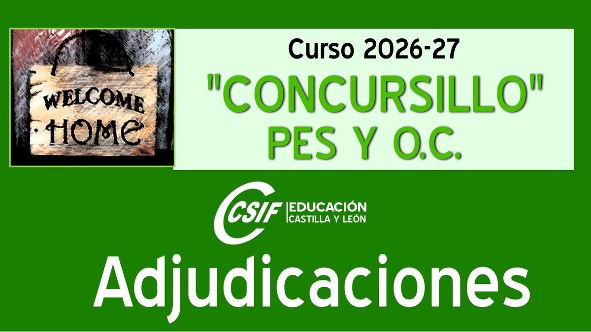 CSIFEnsenanzCyL's tweet photo. 📢 CONCURSILLO 2026/2027 | SECUNDARIA Y OTROS CUERPOS

✅ Publicada la adjudicación de destinos para el curso 2026/2027.

⚠️ Quienes hayan obtenido destino deberán consultar la documentación que publicará su Dirección Provincial de Educación.

👇 INFO:
https://t.co/MsLggucdR2 https://t.co/4SydUeEQDd