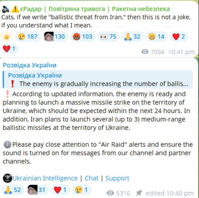 AMK_Mapping_'s tweet photo. VERY odd reports coming out of Ukrainian military-linked monitoring channels just now, with warnings of a possible IRANIAN medium-range ballistic missile attack on Ukraine in the next 24 hours. 

This comes after Iranian Foreign Minister Abbas Araghchi stated that Ukraine's attack on an Iranian-linked vessel in the Caspian Sea a few days ago "cannot go unanswered". 

As of now, these reports are very preliminary. I'm not convinced anything will happen, but I'm just putting the information out there so people are aware.