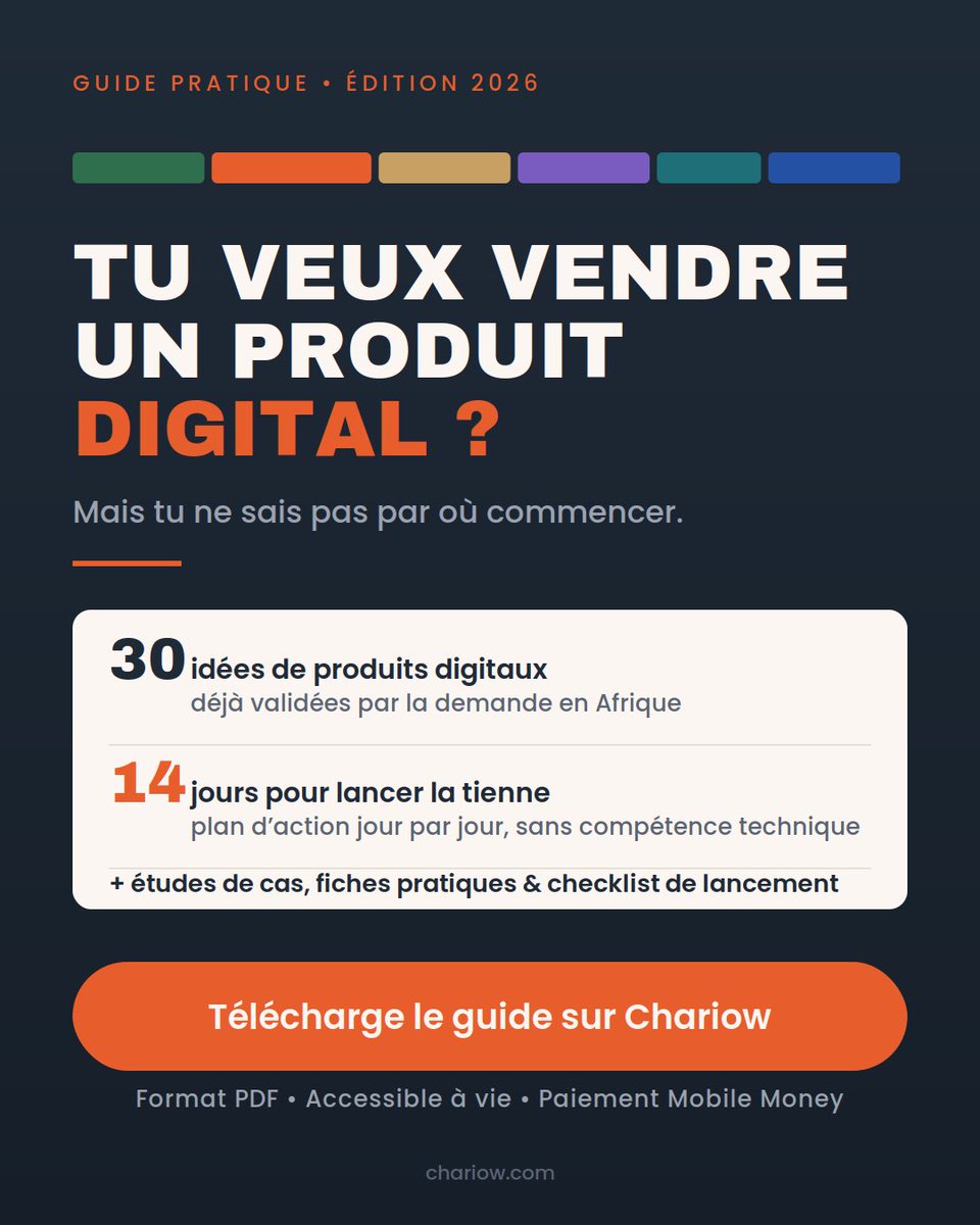 lassxii's tweet photo. Tu veux te lancer dans les produits digitaux mais tu ne sais pas par où commencer ? 🤔
J'ai créé un guide avec 30 idées de produits digitaux qui se vendent déjà en Afrique — business, éducation, bien-être, créatif, spiritualité, tech. Pour chaque idée : le problème qu'elle résout https://t.co/V6ZKL2Q59x