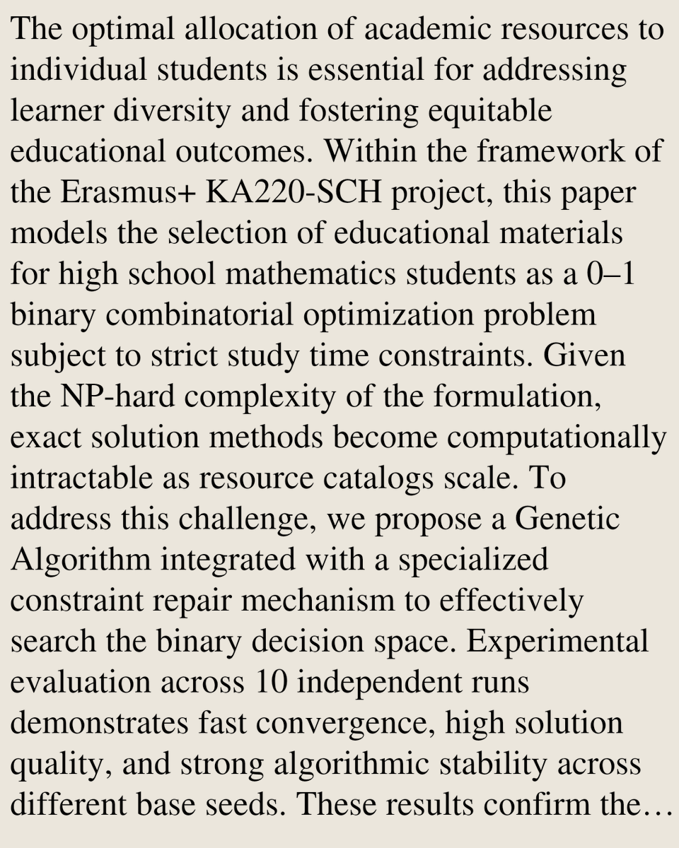 TAL's tweet photo. A genetic algorithm for student academic resource allocation

Ana F. Hernández, Andrej Franulic, Fernando Jiménez
https://t.co/LzKwEOflbO [𝚌𝚜.𝙽𝙴] https://t.co/Dd2Ar9QNLs