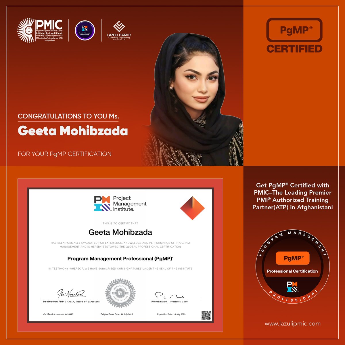 lazulipmic's tweet photo. 🎉 A Remarkable Achievement and a Proud Moment for Afghanistan! 

PMIC proudly congratulates Ms. Geeta Mohibzada on earning the globally respected Program Management Professional (PgMP)® certification. Project Management Institute

Ms. Mohibzada has not only earned a globally respected certification—she has made history and opened a new path for other Afghan women to follow.

PMIC is honored to have supported her PgMP® journey and incredibly proud to celebrate this remarkable achievement.

This exceptional achievement reflects her extensive experience, strategic thinking, professional knowledge, and strong commitment to excellence. Her success is also an inspiring example of the talent and leadership capacity of Afghan women professionals.

We take this opportunity to strongly recommend Ms. Mohibzada to United Nations agencies, international organizations, INGOs, and development institutions operating in Afghanistan and internationally. Professionals of her caliber bring together valuable local understanding and globally recognized program management expertise.
United Nations Development Programme - UNDP UNICEF Afghanistan UN Women World Health Organization (WHO) UNHCR, the UN Refugee Agency Aga Khan Foundation International Labour Organization International Rescue Committee Food and Agriculture Organization of the United Nations (FAO)

Organizations collaborating with her, involving her in strategic initiatives, or benefiting from her knowledge through advisory, leadership, and professional engagements will undoubtedly gain significant value from her talent and experience.

Congratulations once again, Ms. Mohibzada! We are extremely proud of your achievement and wish you continued success and even greater professional accomplishments ahead. 👏🌟

#Congratulations #GeetaMohibzada #PgMP #ProgramManagement #AfghanWomen #WomenInLeadership #ProfessionalExcellence #InternationalOrganizations #PMIC #Afghanistan