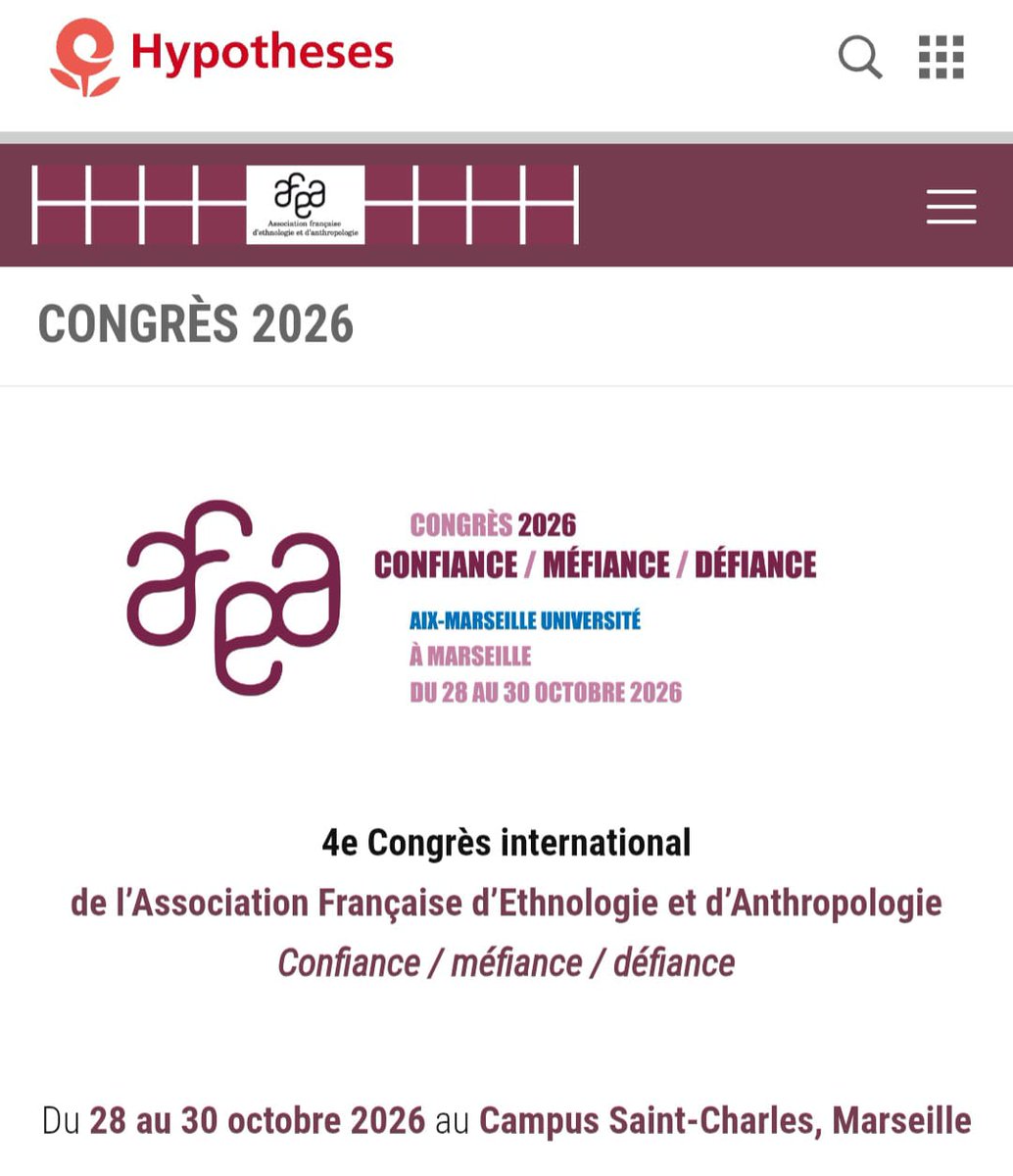 DanielV_xxi's tweet photo. 4e Congrès de l’Association Française d’Ethnologie et d’Anthropologie : Confiance / méfiance / défiance, 28-30 octobre 2026 Campus Saint-Charles, Marseille.

28/10: 15h45 à 17h15

- « Églises évangéliques, conversion religieuse et confiance en contexte de violence au Honduras » https://t.co/0igNH0TmJ8