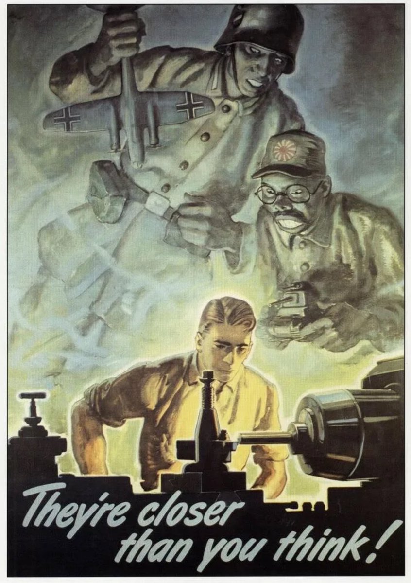 TheNameofWar's tweet photo. "They're closer than you think!", US poster issued by the Army Ordnance Department to motivate defence industry workers and boost production for the war effort, 1943 https://t.co/pv5rzyvd7t