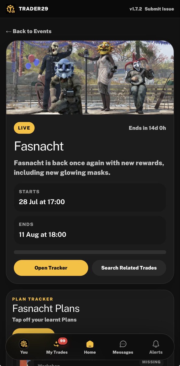 dwalton_29's tweet photo. Fasnacht is back again!

Get the latest news, view related trades, and track your plans all in one place.

Join the growing #fallout76 community of over 200 users on Trader29.

Web/iOS - https://t.co/iKqXAjyAh3
Android - https://t.co/UlZHpt6mSi https://t.co/F0tGCbOcyd