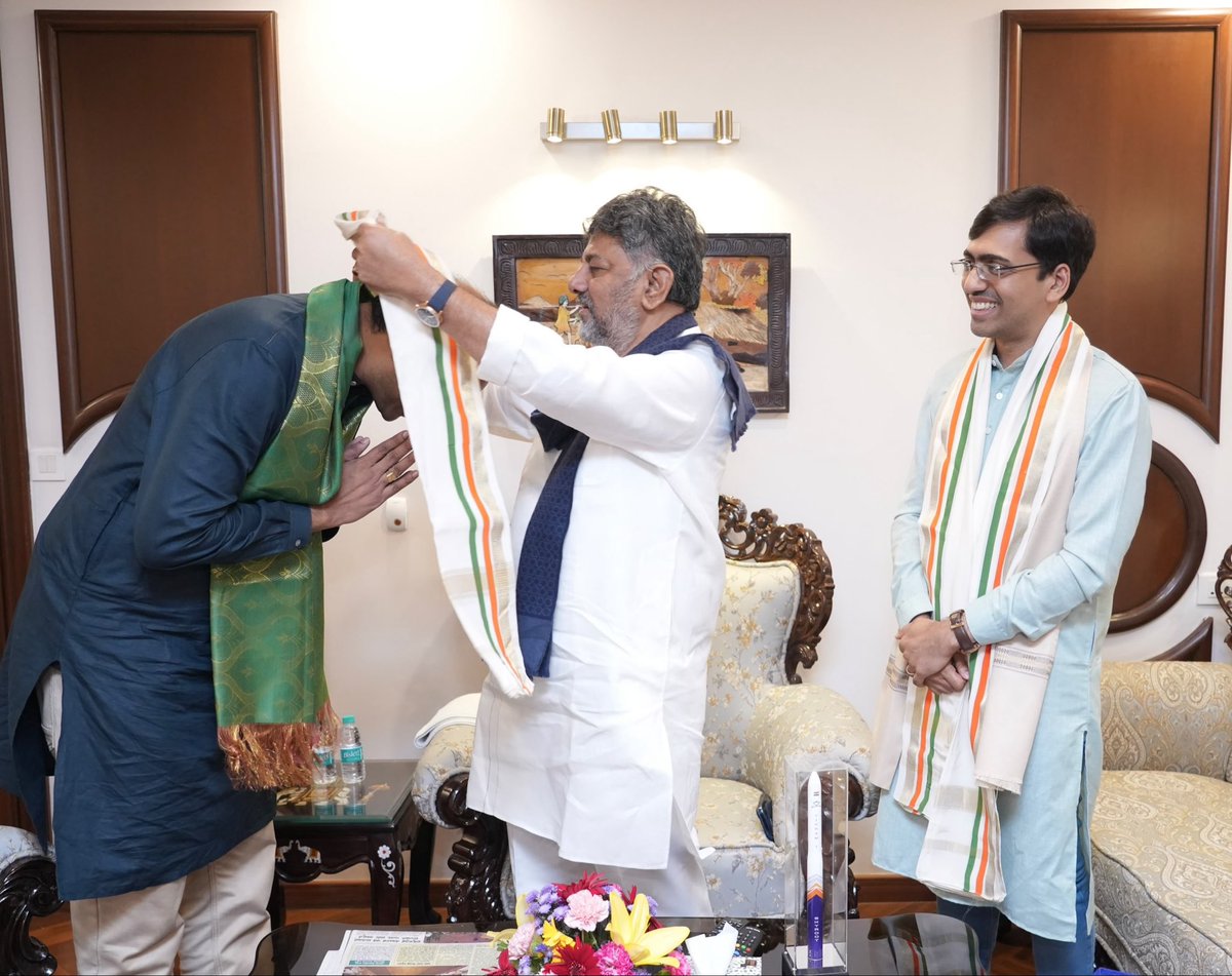 DKShivakumar's tweet photo. Delighted to meet the founders of @SkyrootA, Pawan Chandana and Naga Bharath Daka, and congratulate them on scripting history with the successful launch of Vikram-1.

Their maiden orbital mission is a defining milestone in India’s commercial space journey, making Skyroot the country’s first private company to place payloads into orbit and placing India among the world’s leading private spacefaring nations. It is a powerful testament to what bold ideas, relentless innovation and determined execution can achieve.

My best wishes to the entire Skyroot team as they continue to push the boundaries of innovation and contribute to India’s emergence as a global leader in space technology.