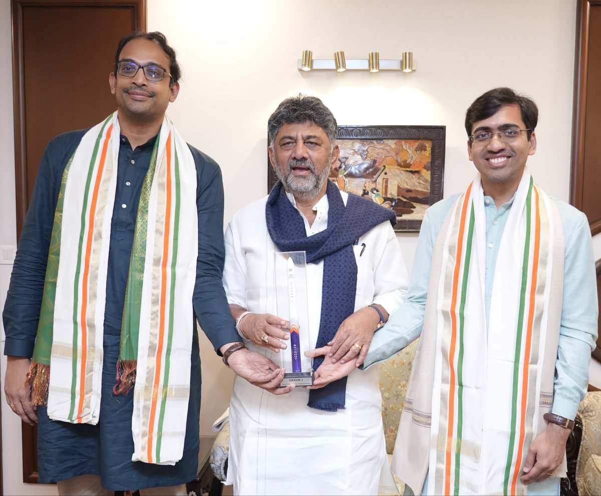 DKShivakumar's tweet photo. Delighted to meet the founders of @SkyrootA, Pawan Chandana and Naga Bharath Daka, and congratulate them on scripting history with the successful launch of Vikram-1.

Their maiden orbital mission is a defining milestone in India’s commercial space journey, making Skyroot the country’s first private company to place payloads into orbit and placing India among the world’s leading private spacefaring nations. It is a powerful testament to what bold ideas, relentless innovation and determined execution can achieve.

My best wishes to the entire Skyroot team as they continue to push the boundaries of innovation and contribute to India’s emergence as a global leader in space technology.