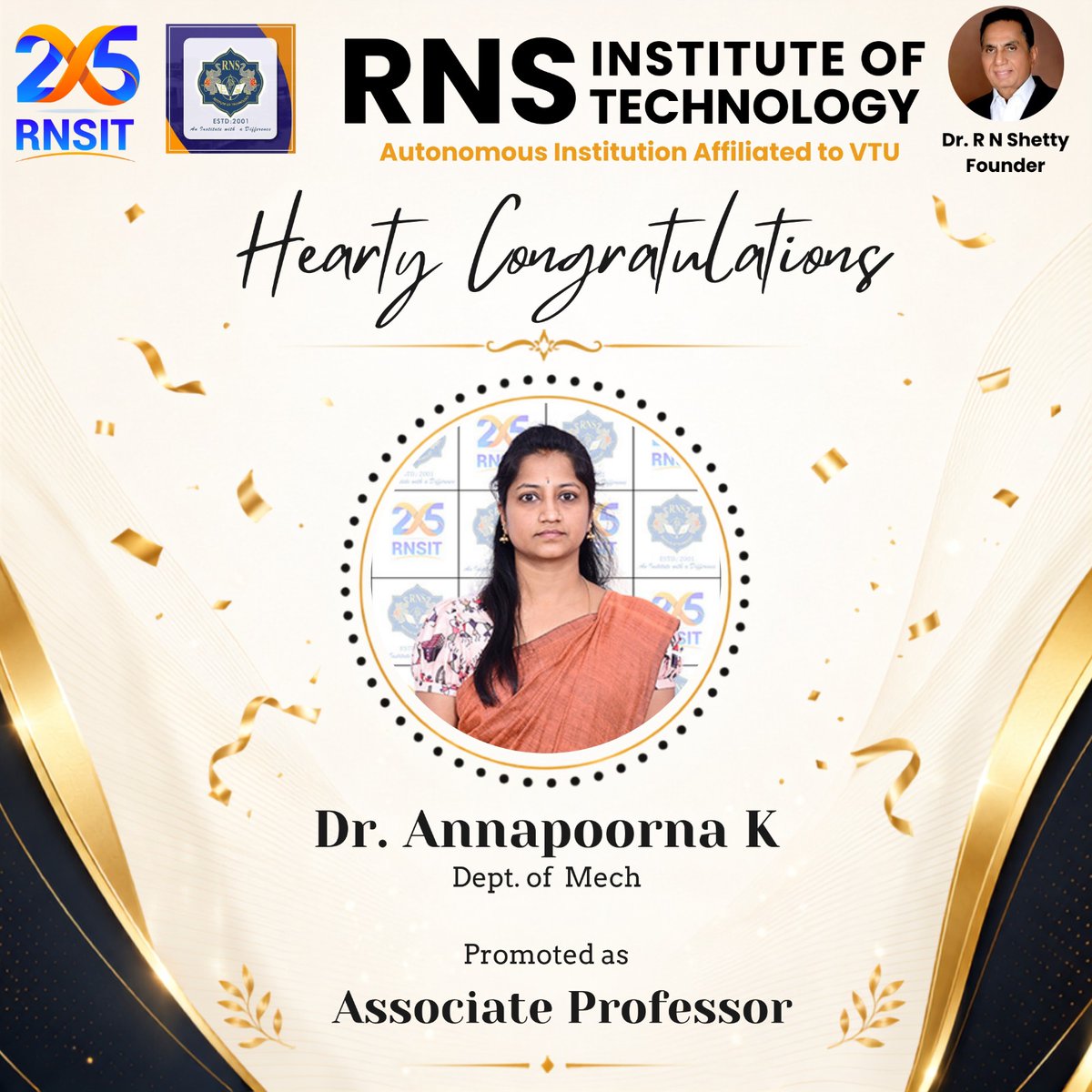rnsit_mech's tweet photo. Congratulations to Dr. Annapoorna K on her promotion from Assistant Professor to Associate Professor!

The Department of Mechanical Engineering, RNSIT, wishes her continued success and many more achievements in teaching, research, and academic excellence. https://t.co/9d1uWfZqNi