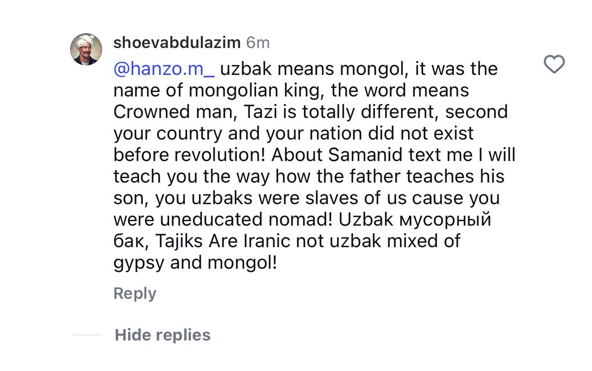 themithraist's tweet photo. @joelover123__ I once saw the greatest ethnic chimp debate between a Tajik and an Uzbek in an instagram comments section. These people are glorious https://t.co/qMcXWUY2Xn