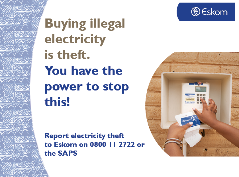Eskom_SA's tweet photo. Buying electricity from illegal vendors is a crime for both the seller and the buyer. Tampering with your meter is also illegal and punishable by law. ⚡
Don’t risk it. Pay for electricity. Stay legal.
#SaveYourTransformer #ReportElectricityTheft #ReportIllegalConnections https://t.co/fZKMoSK2Lo