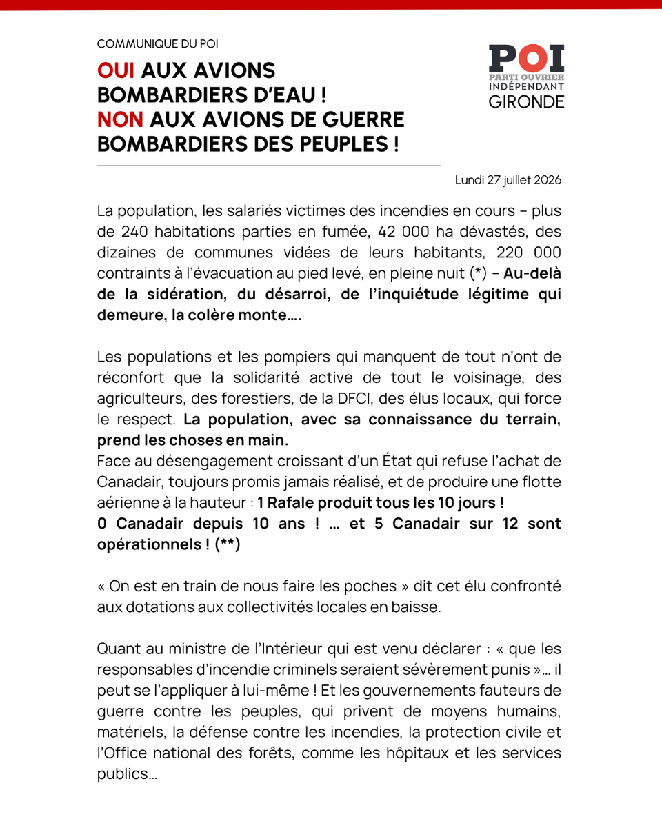 POI_officiel's tweet photo. 🔥✈️ Oui aux avions bombardiers d’eau ! Non aux avions de guerre bombardiers des peuples ! - Communiqué du Parti Ouvrier Indépendant de Gironde
