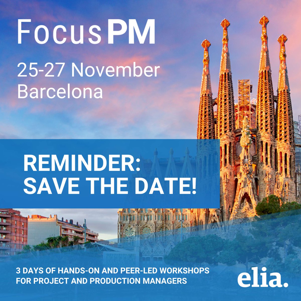 EliaOrg's tweet photo. 📅Make space in your calendar: Focus on Project Management returns on 25–27 November.📅

This time, we’re heading to Barcelona for ELIA’s dedicated event for Project and Production Managers.

👉 Mark 25–27 November in your schedule https://t.co/cjhX0gHpnn

#ELIAPM https://t.co/B5IrsbMyCK