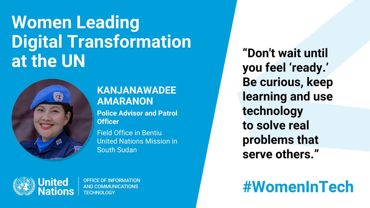 UN_OICT's tweet photo. Meet Kanjanawadee Amaranon, Police Advisor and Patrol Officer with @UNMISSmedia, who uses #AI tools to strengthen community outreach on human rights and safety, helping deliver the UN mandate more effectively.

"Don't wait til you feel ready." #WomenInTech
https://t.co/SFkXCQokKZ https://t.co/N711lijbwb