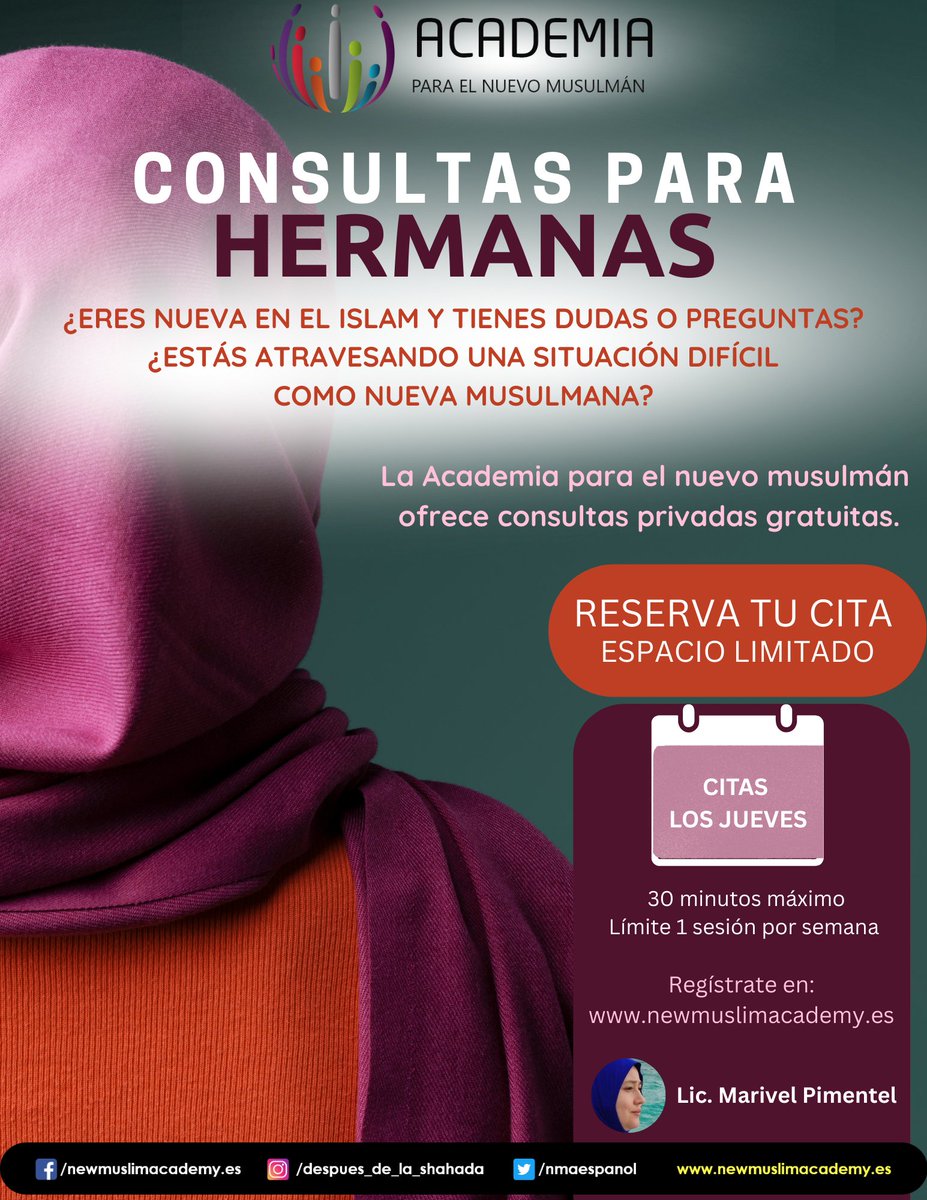 NMAespanol's tweet photo. ¿Eres nueva en el Islam y necesitas apoyo o orientación? 🤍
NMA ofrece consultas privadas gratuitas para hermanas con una psicóloga licenciada.
Un espacio confidencial para hacer preguntas y recibir apoyo.
https://t.co/QhJntgRlSJ
#NuevaMusulmana #nma #consultasgratis #fe https://t.co/hv2OhsWQ01