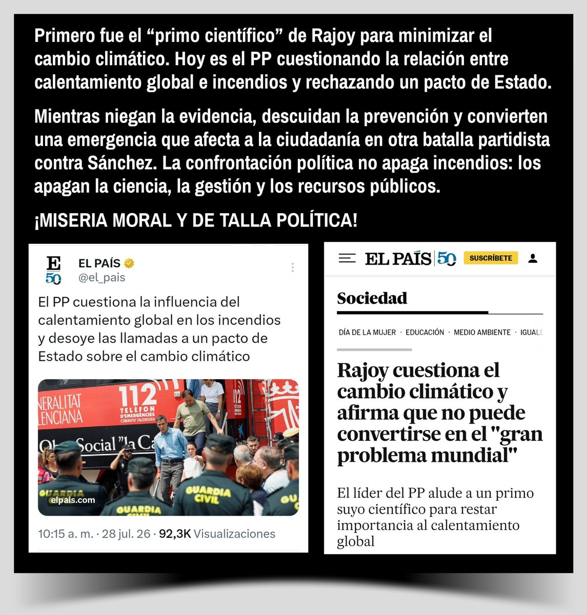VerVerazX's tweet photo. @oscar_puente_ Del «primo científico» de Rajoy a negar hoy la relación entre cambio climático e incendios. Años después, el PP sigue anteponiendo la confrontación con Sánchez a la prevención y a un pacto de Estado. La ideología no apaga incendios; la ciencia y la buena gestión, sí. https://t.co/PaKqdVoWpV