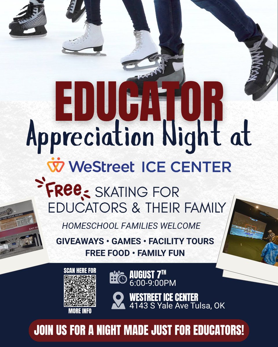 tulsa_oilers's tweet photo. Educator Appreciation Night at WeStreet Ice Center

Join us on Friday, August 7, from 6:00–9:00 PM at WeStreet Ice Center for a special evening dedicated to celebrating our amazing educators!

It's Free! RSVP Here: https://t.co/ZAO9NI2v6B https://t.co/ig6X9d1gm5