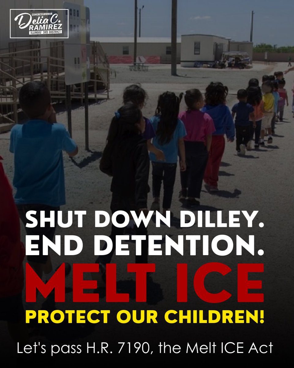 repdeliaramirez's tweet photo. Children, like my constituent Steven, are being taken from their communities and traumatized inside Dilley Trailer Prison. 

Each day spent in the inhumane conditions in Dilley takes a toll on our children. Even after his release, Steven is still fearful of one day going back. 

With my HR7190, the Melt ICE Act, I’m fighting to #ShutDownDilley and EVERY detention center in our country. Members of Congress can act TODAY and join my bill.