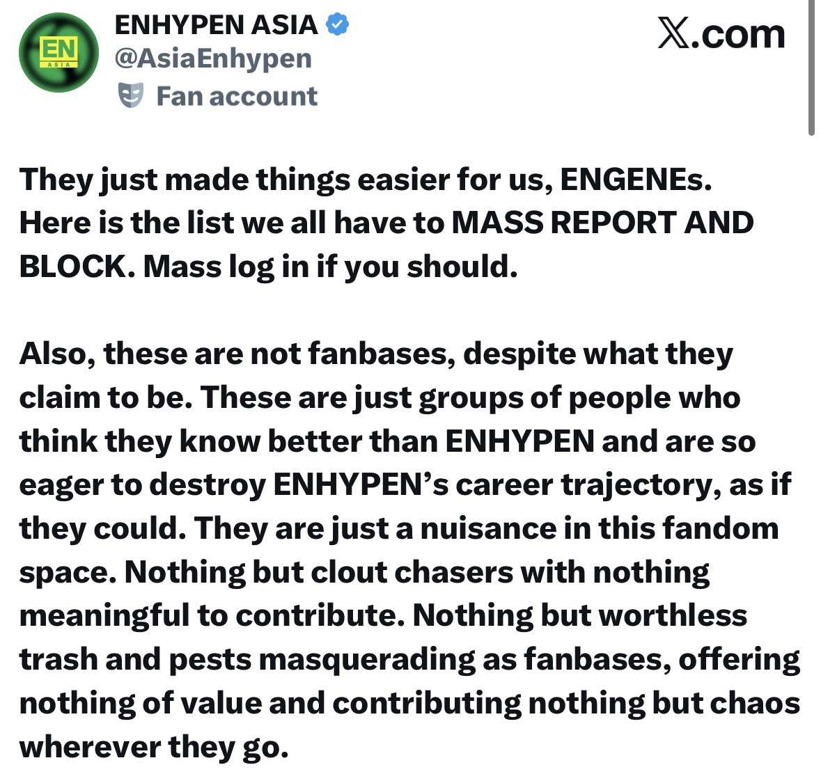 woniesgiirl's tweet photo. Hello @X @XSupport @XSecurity, please investigate the account @AsiaEnhypen. This account is continuously leading coordinated harassment, malicious mass reporting, and platform manipulation to silence other fan accounts. Please review their violations and take action. https://t.co/J7FCb0J6q8