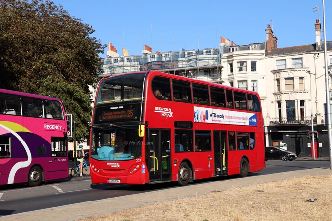 Still in London red, Brighton & Hove 222 (LX58CWL) is a red Alexander Dennis Volvo B9TL Enviro400 and is pictured on Marlborough Place as it heads to Sussex University on route 25.