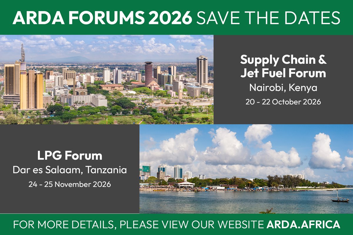 arda_africa's tweet photo. Save the date! ARDA’s flagship forums return in Q4 2026: the Supply Chain &amp; Jet Fuel Forum in Nairobi (20–22 Oct) and the 3rd LPG Forum in Dar es Salaam (24–25 Nov). Registration opens soon. Visit our website or contact info@afrra.org. #Forums #Energy #Africa #Downstream #LPG https://t.co/GSY1EdfLtY