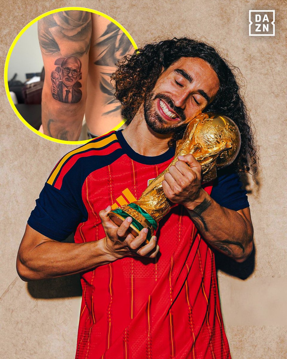 DAZNFootball's tweet photo. HE ACTUALLY DID IT! 🤯🤣
Marc Cucurella made good on his World Cup promise… by getting Luis de la Fuente permanently inked on his skin! 🖋️
#FIFAWC https://t.co/0SVr1uhLTr