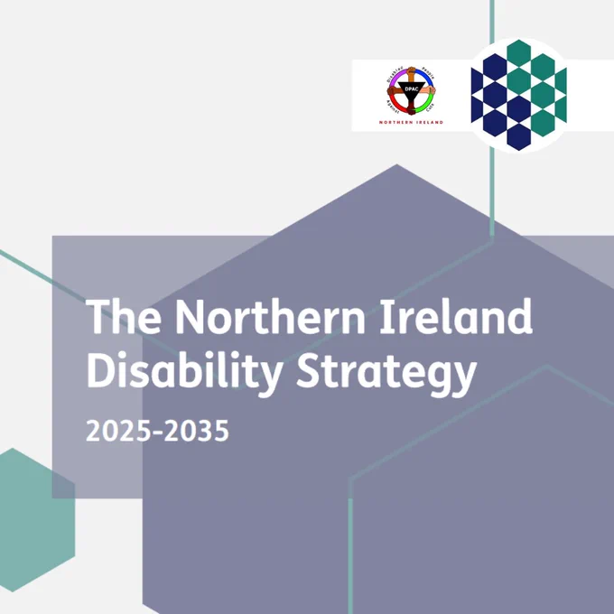 Image with logos and text: "The Northern Ireland Disability Strategy 2025-2035" on a geometric patterned background.