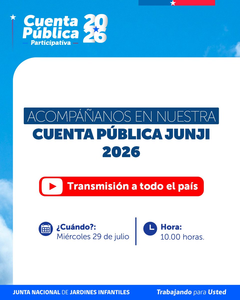 JUNJI_Chile's tweet photo. 🔵Este miércoles 29 de julio, desde las 10:00 horas, acompáñanos en la transmisión de la #CuentaPúblicaJUNJI a través de nuestro canal de Youtube y plataformas de redes sociales. ¡Te esperamos!  https://t.co/TplAvc7MTI https://t.co/36Ktv4hMFl