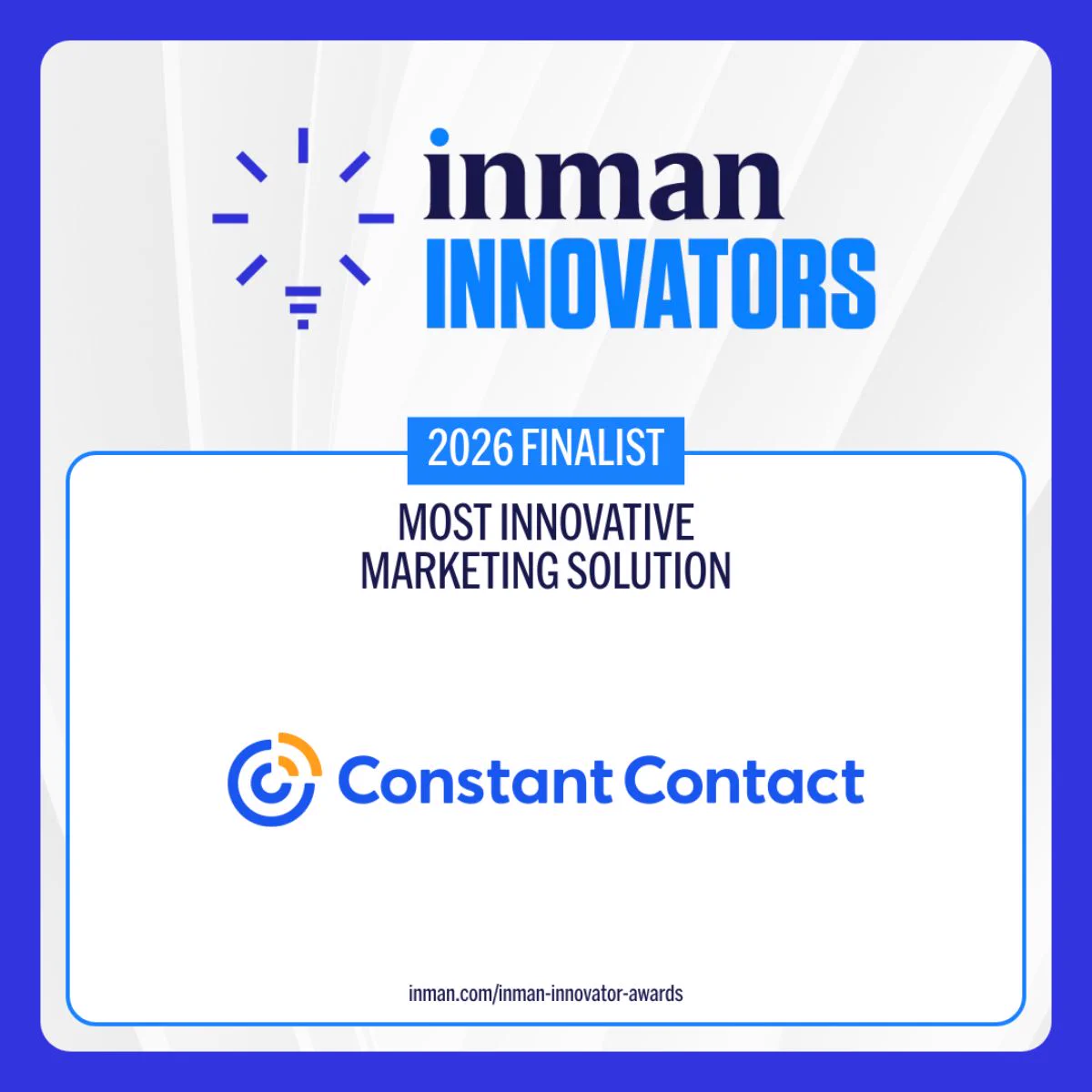 The image is an announcement graphic featuring Constant Contact as an "Inman Innovators 2026 Finalist" for "Most Innovative Marketing Solution." The background is light with a blue border.
